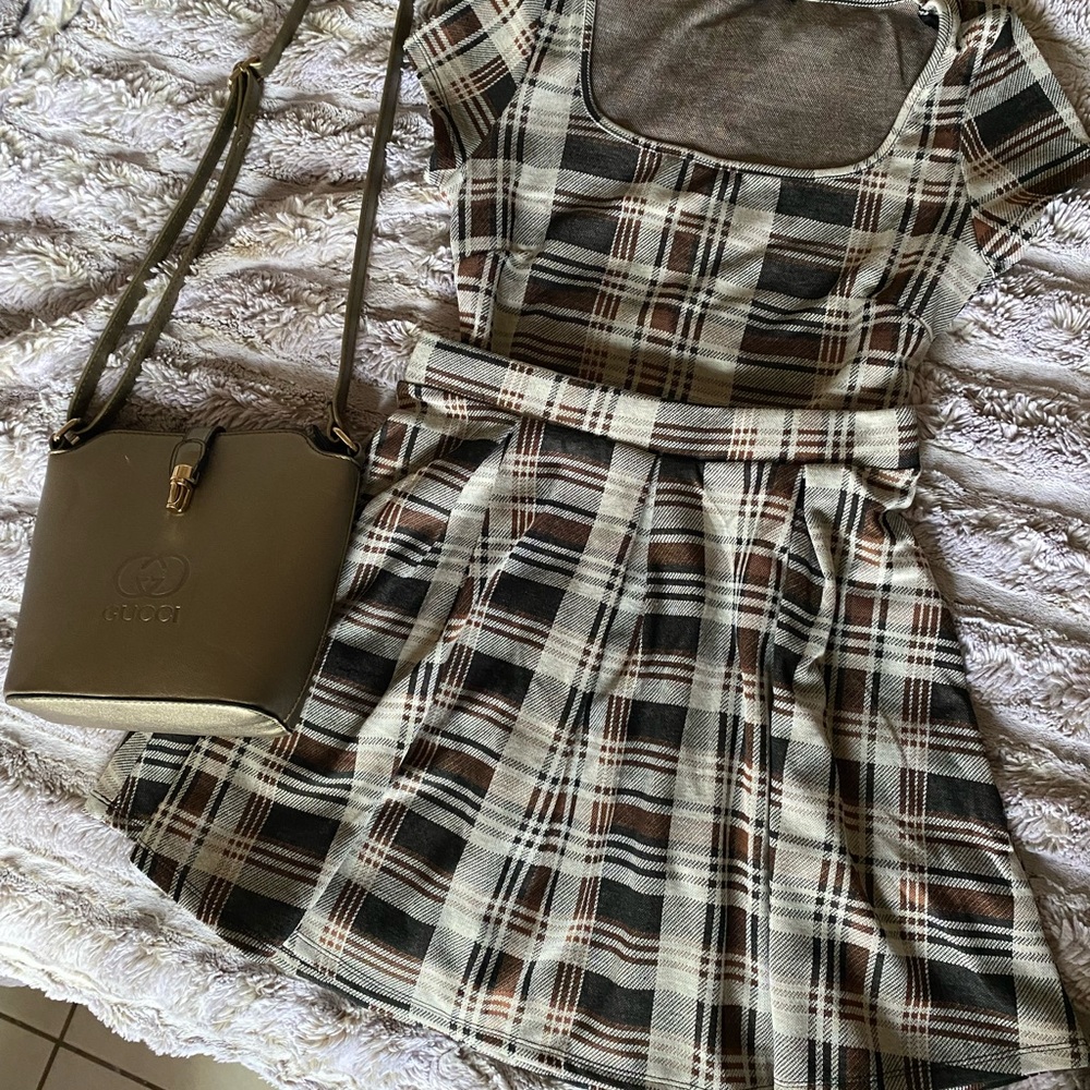 Beige brown plaid skirt and tee set